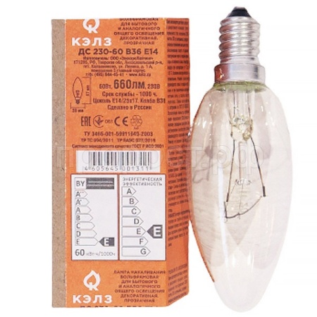 Лампа накаливания свеча КЭЛЗ ДС 230-60 В36 Е14